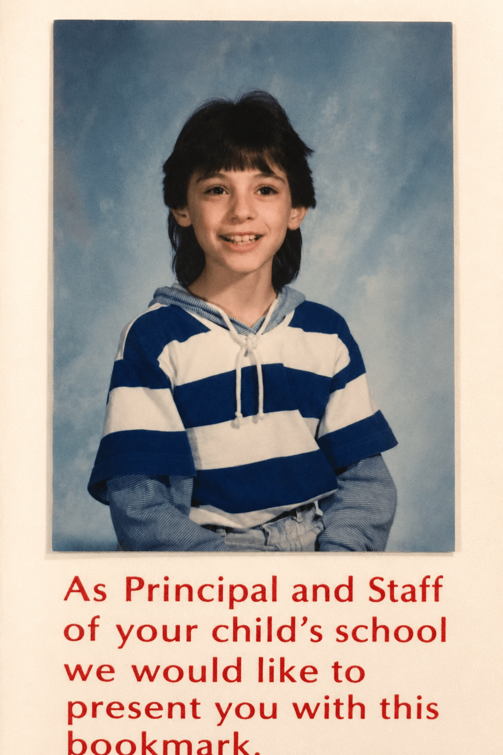 Patrick Diogenia elementary school portrait on a school bookmark